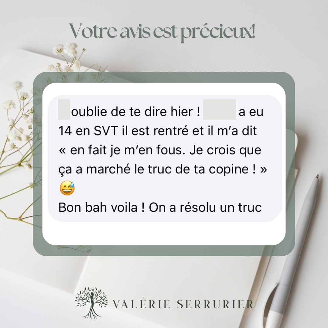 La kinésiologie peut paraître abstraite.
Parfois, un exemple vaut mieux que mille mots… ✨
14 ans.
19,4 de moyenne.
Sportif. Apprécié.
Tout semble parfait… en surface.
Mais très vite :
😰 Stress énorme pour une bonne note
😷 Asthme
😮 Impression d’étouffer
💪 Besoin de prouver
🏆 Exigence d’excellence
Il ne cherche pas à être le meilleur.
Il connaît sa valeur.
Mais il a besoin de se sentir en sécurité face à ce qu’il sait déjà.
Les pièces du puzzle se mettent en place :
“Il faut prouver, rassurer la vérité.”
Pour lui, la vérité est dangereuse.
Alors il vise 19.
17… ce n’est pas suffisant.
Ce besoin vient de très loin.
Dès sa naissance : crise de panique maternelle, peur de mourir, impression d’étouffer…
Le corps a enregistré :
“Je ne suis pas en sécurité dans ma vérité. Je dois rassurer.”
On ne travaille pas que sur les notes.
On travaille sur ce que le corps n’a jamais pu relâcher.
L’objectif ? 
💡 Arrêter de se surmener pour respirer
💡 Avancer sereinement

✨ Derrière certains comportements, il n’y a pas un problème…
Il y a une stratégie pour se sentir en sécurité.